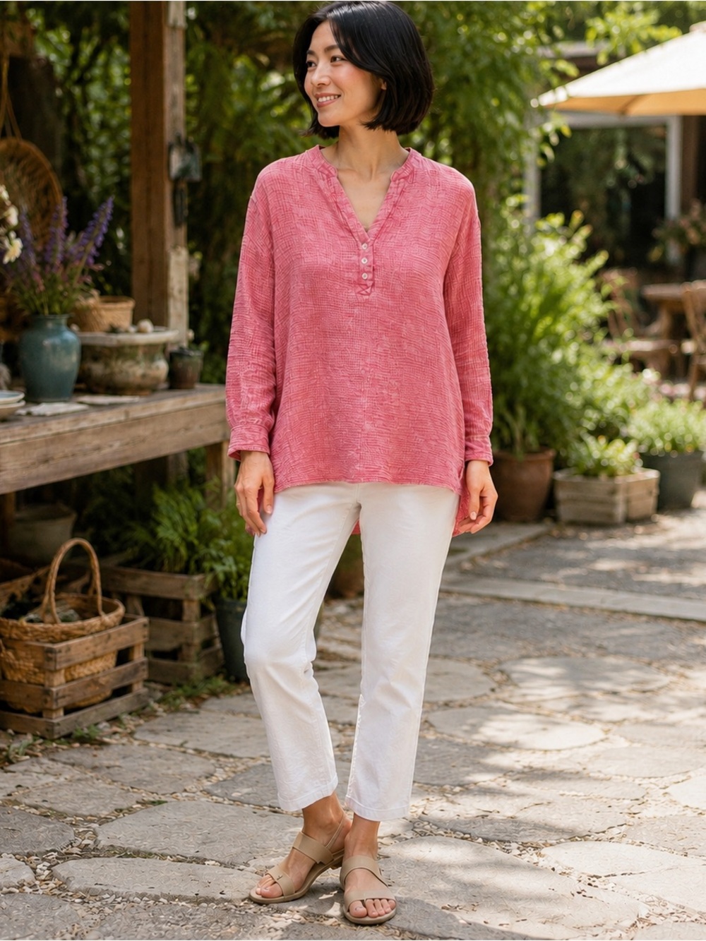 Boutique Pink Cotton Double Gauze Oversized Henley Tunic Top M